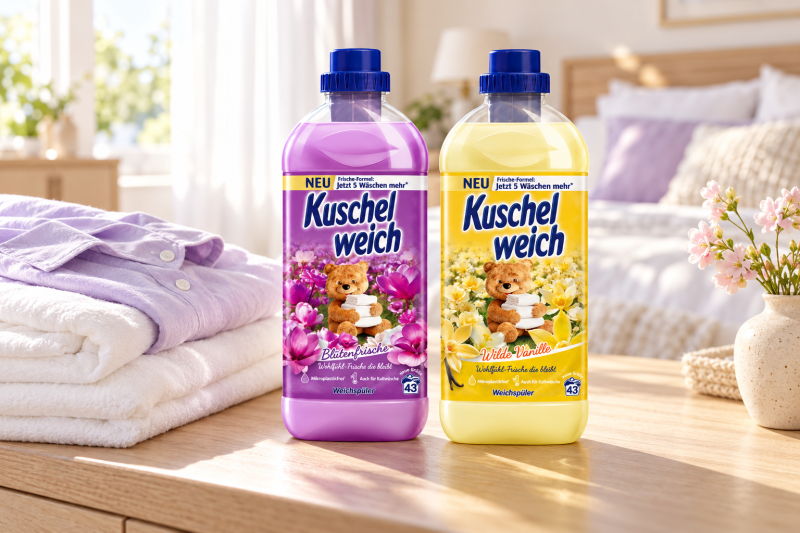 Květinová aviváž Kuschelweich Blütenfrische a vanilková Wilde Vanille na 43 dávek vedle složeného prádla